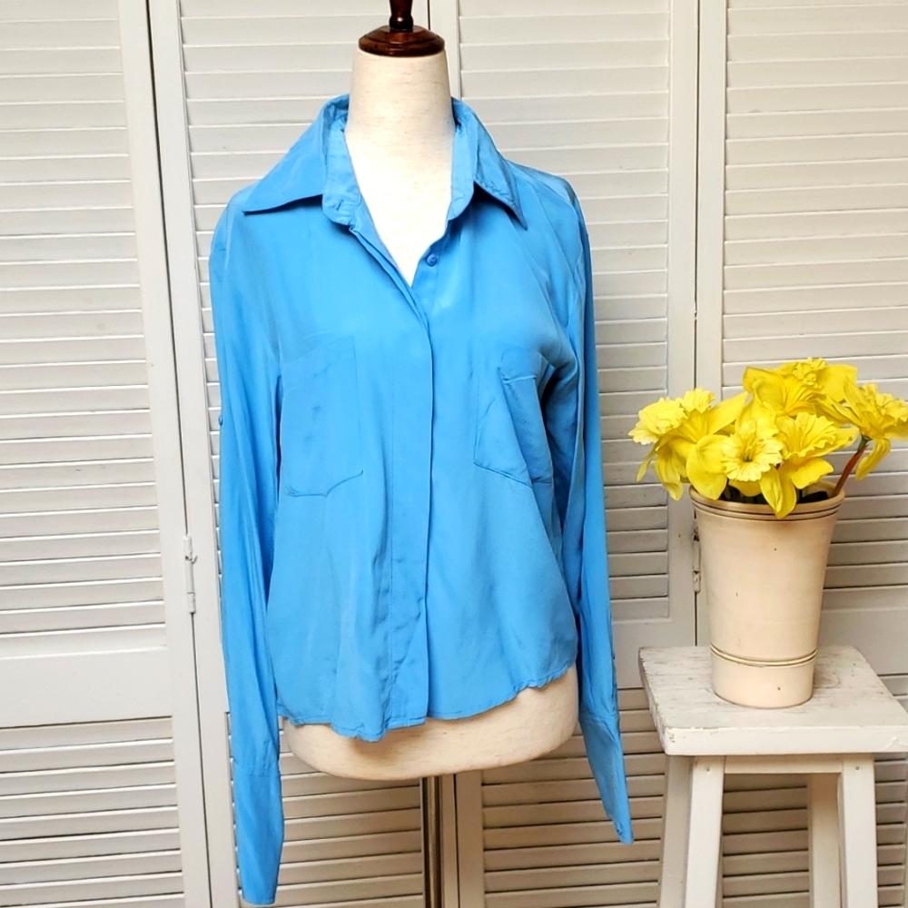 Chelsea Flower 100%  Silk Turqouise Button Down Blouse Size XS